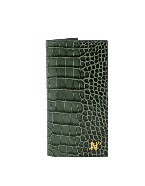 Load image into Gallery viewer, Olive Green Crocodile-Embossed Calf Leather Wallet
