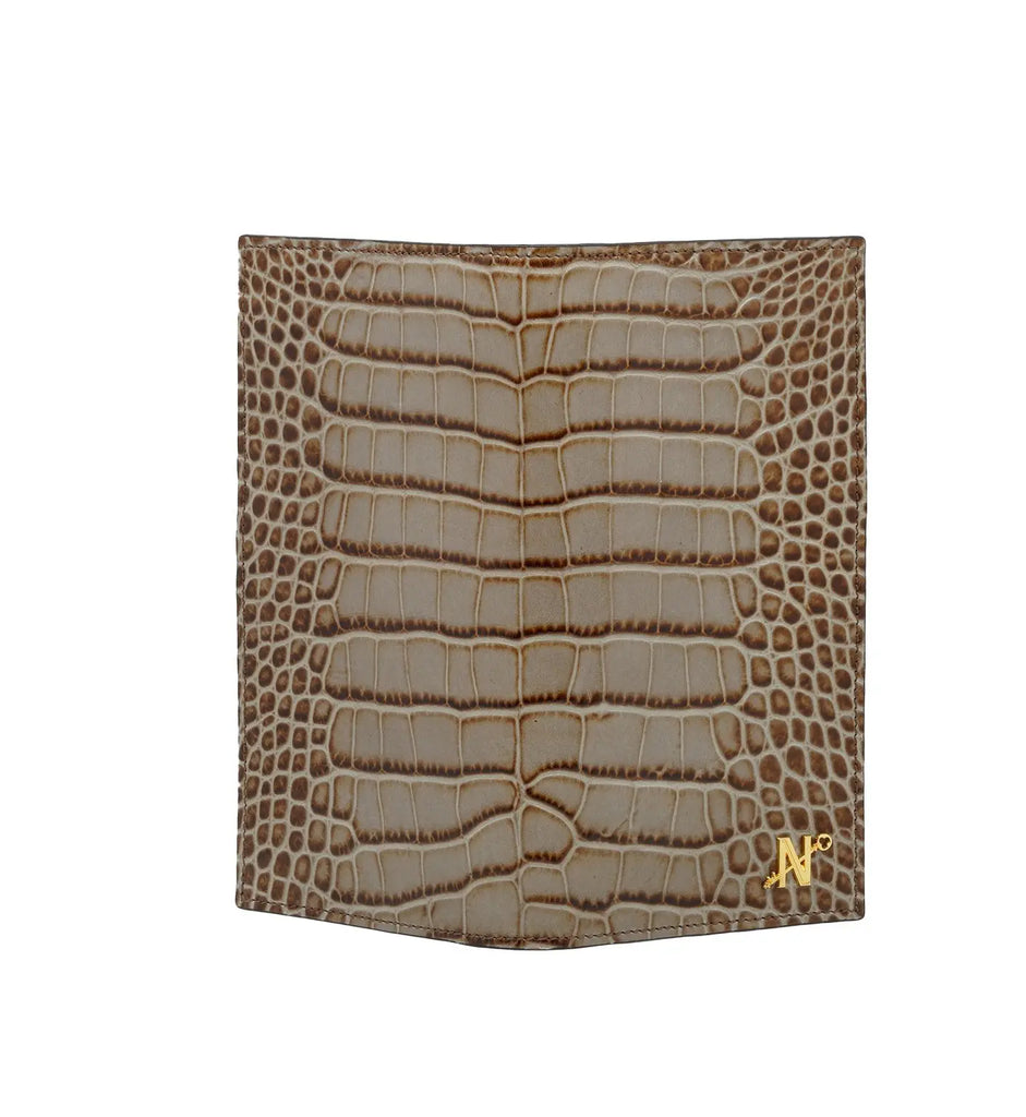 Taupe Crocodile-Embossed Calf Leather Wallet