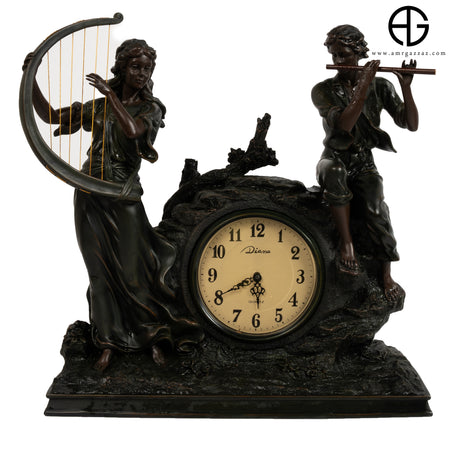 italian centerpiece of hand made wooden status with clock