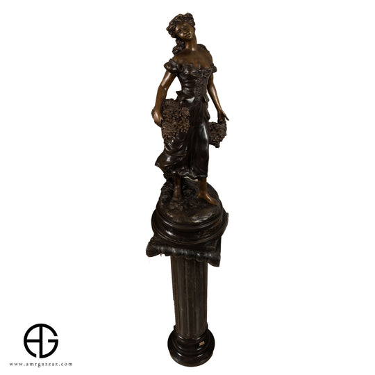 Harvest Time Girl  bronze italian classic sculpture beautiful statue of a young girl out picking flowers on marble column