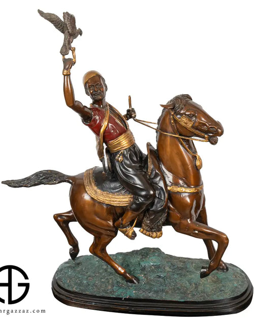 Load image into Gallery viewer, Horse Mounted  Eagle Falcon Hunter Trained Bird Bronze Statue
