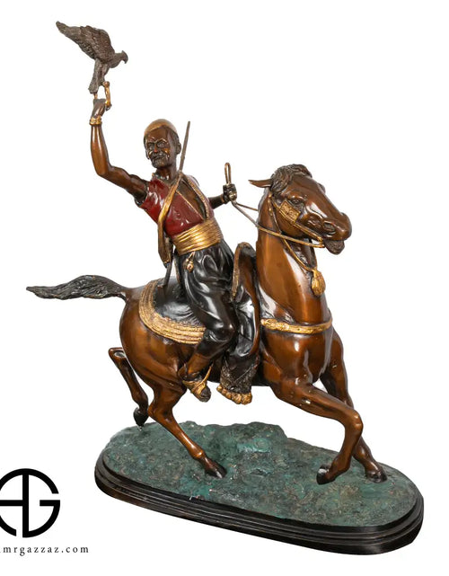 Load image into Gallery viewer, Horse Mounted  Eagle Falcon Hunter Trained Bird Bronze Statue
