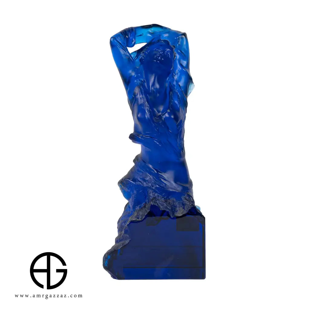 A PATE-DE-VERRE FEMALE GLASS SCULPTURE blue