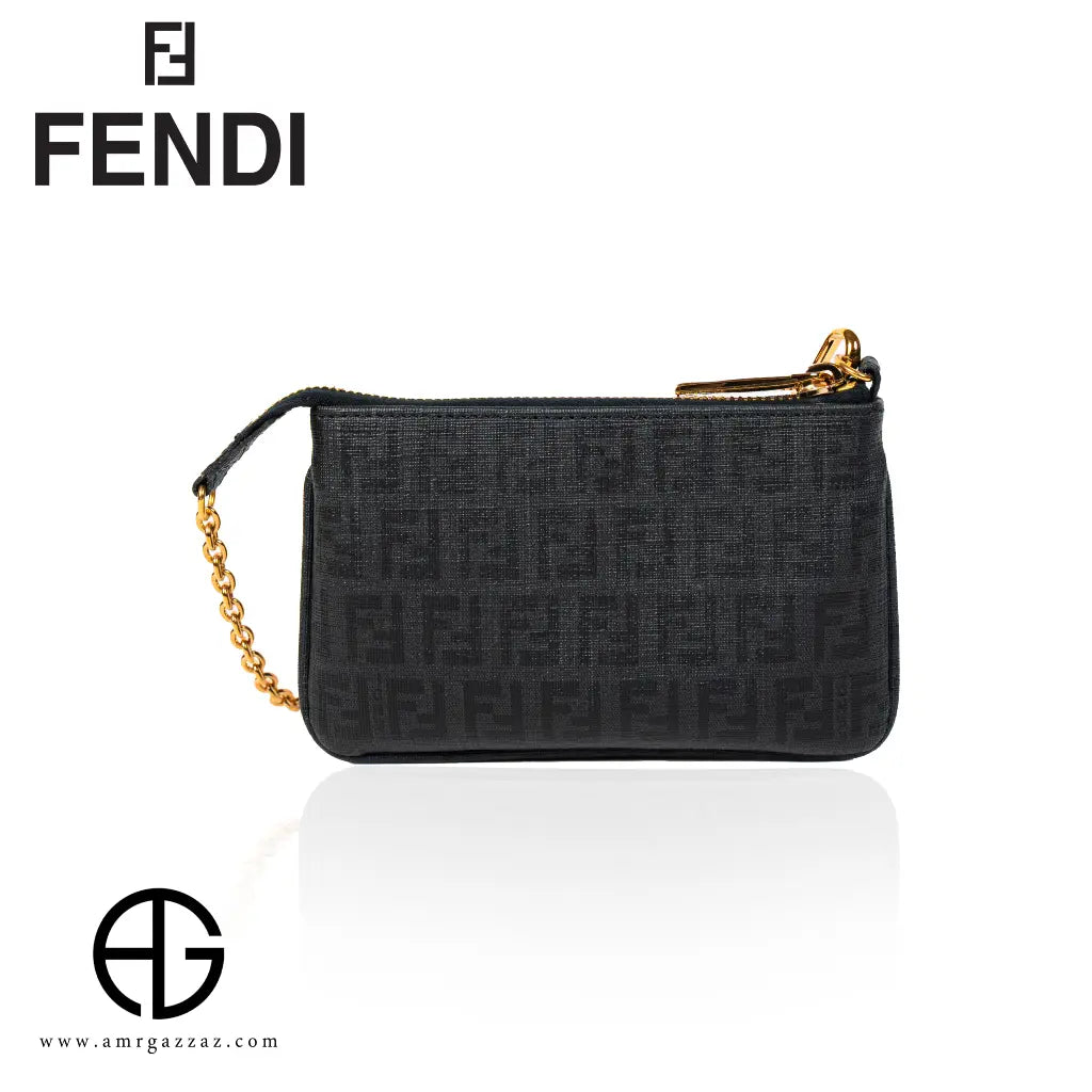 Fendi Black FF Embossed Canvas Pouch with Chain Strap