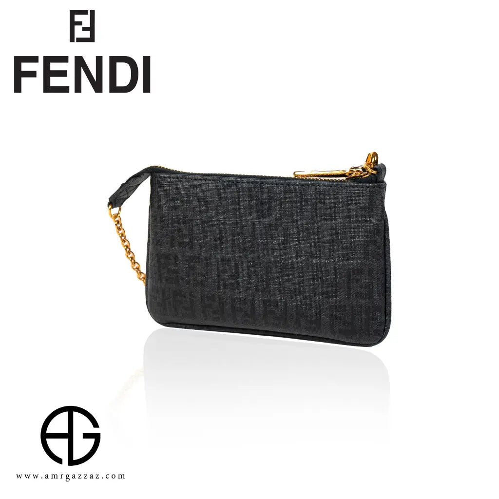 Fendi Black FF Embossed Canvas Pouch with Chain Strap