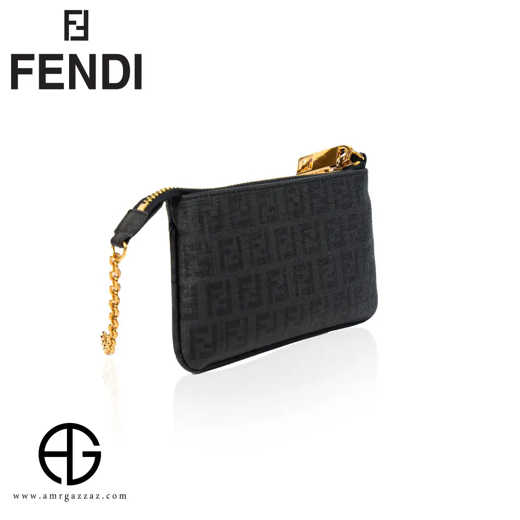 Fendi Black FF Embossed Canvas Pouch with Chain Strap