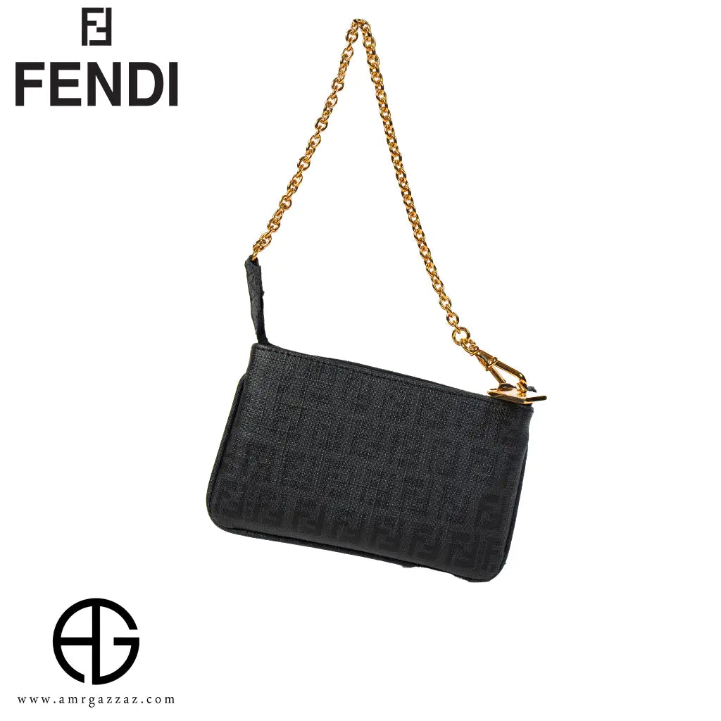 Fendi Black FF Embossed Canvas Pouch with Chain Strap