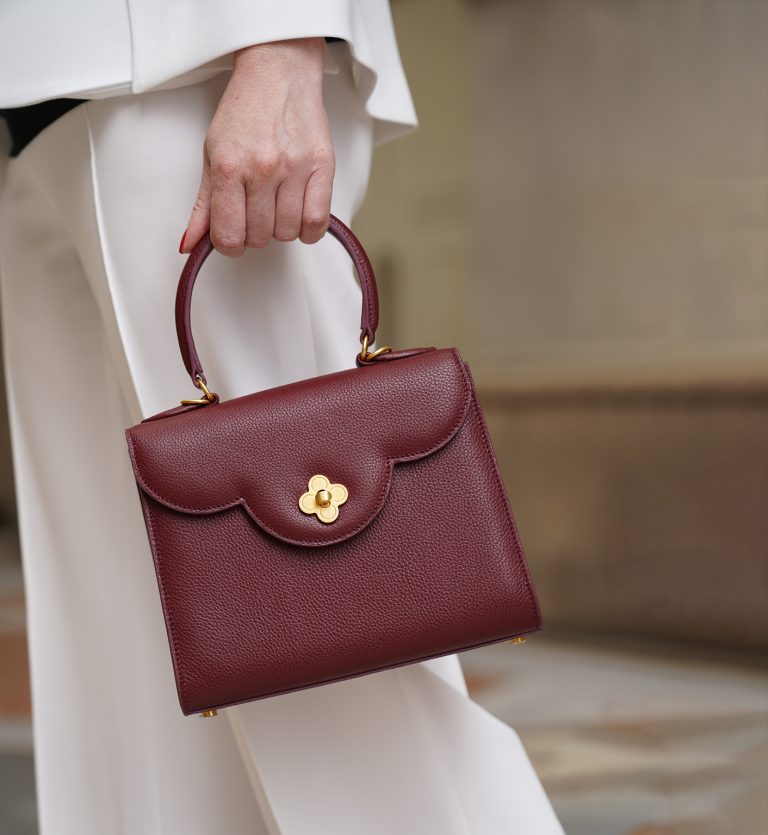 First Lady Flower-twist antique gold Burgundy leather handbag