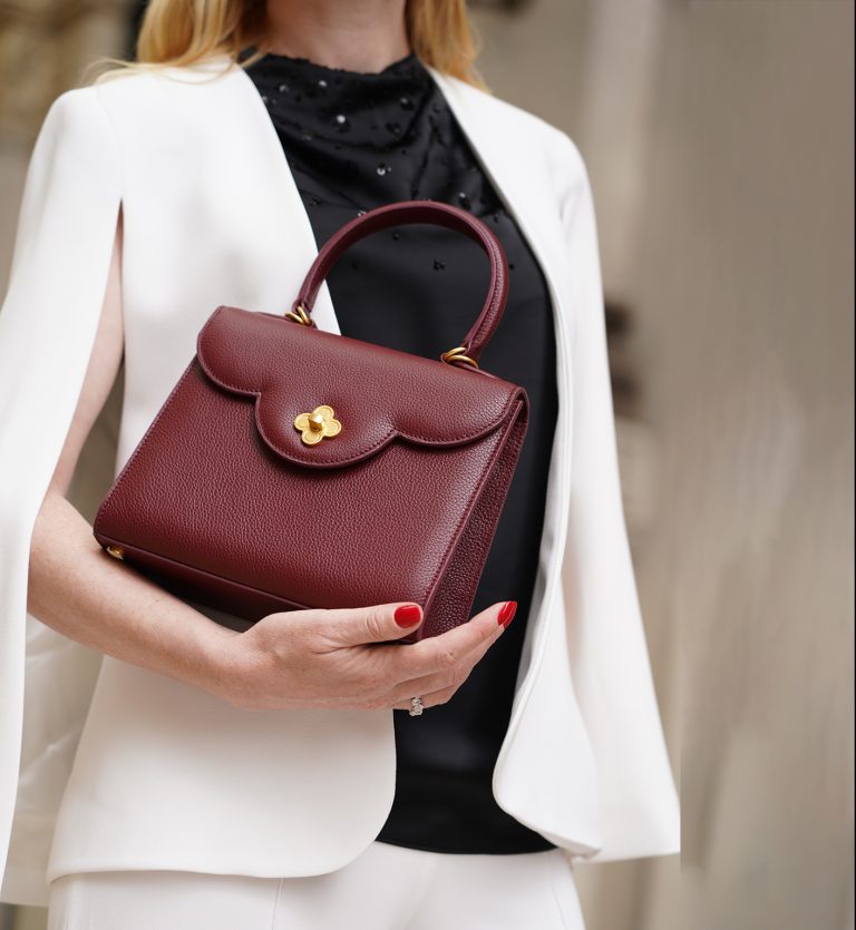 First Lady Flower-twist antique gold Burgundy leather handbag