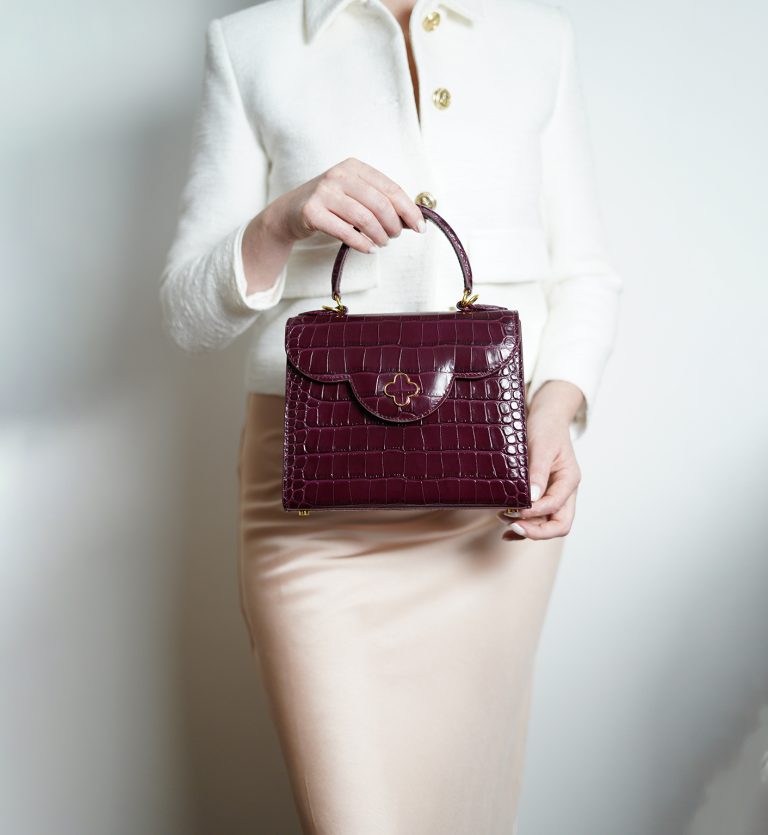 First Lady Burgundy croc embossed leather handbag