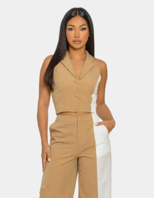 Load image into Gallery viewer, Evorin Women's Camel &amp; White Vest and Pants Co-Ord Set
