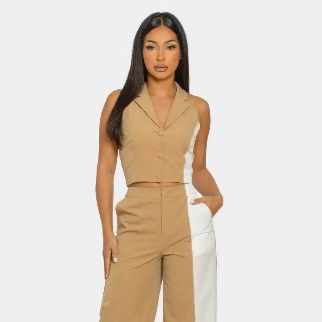Evorin Women's Camel & White Vest and Pants Co-Ord Set