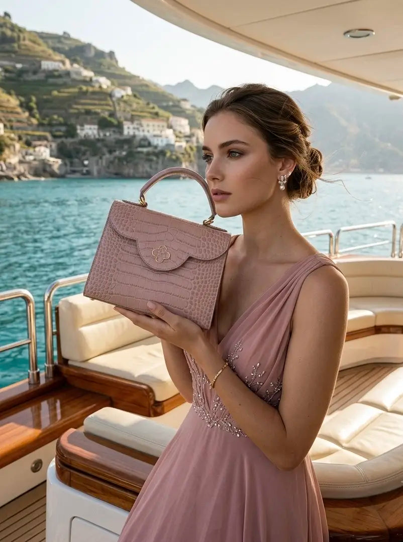 First Lady Tea Rose Crocodile-Embossed Calf Leather Handbag