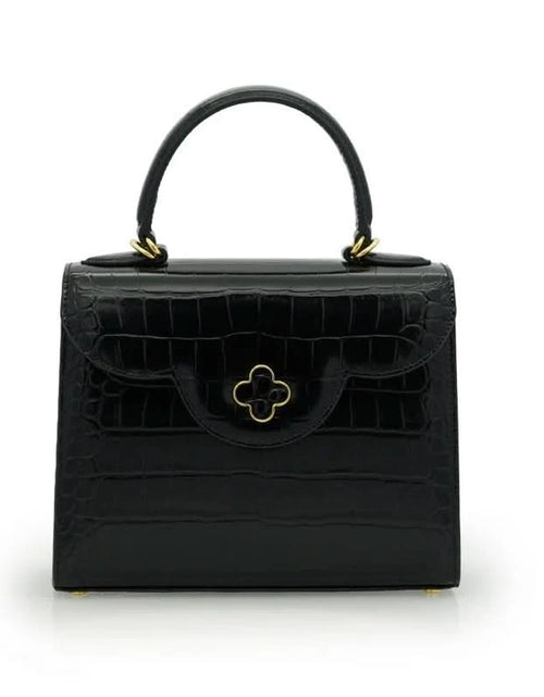 تحميل الصورة إلى عارض المعرض، حقيبة السيدة الأولى من الجلد الأسود المنقوش بنقشة جلد التمساح
