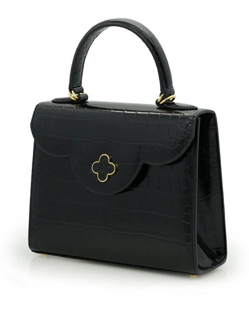 تحميل الصورة إلى عارض المعرض، حقيبة السيدة الأولى من الجلد الأسود المنقوش بنقشة جلد التمساح
