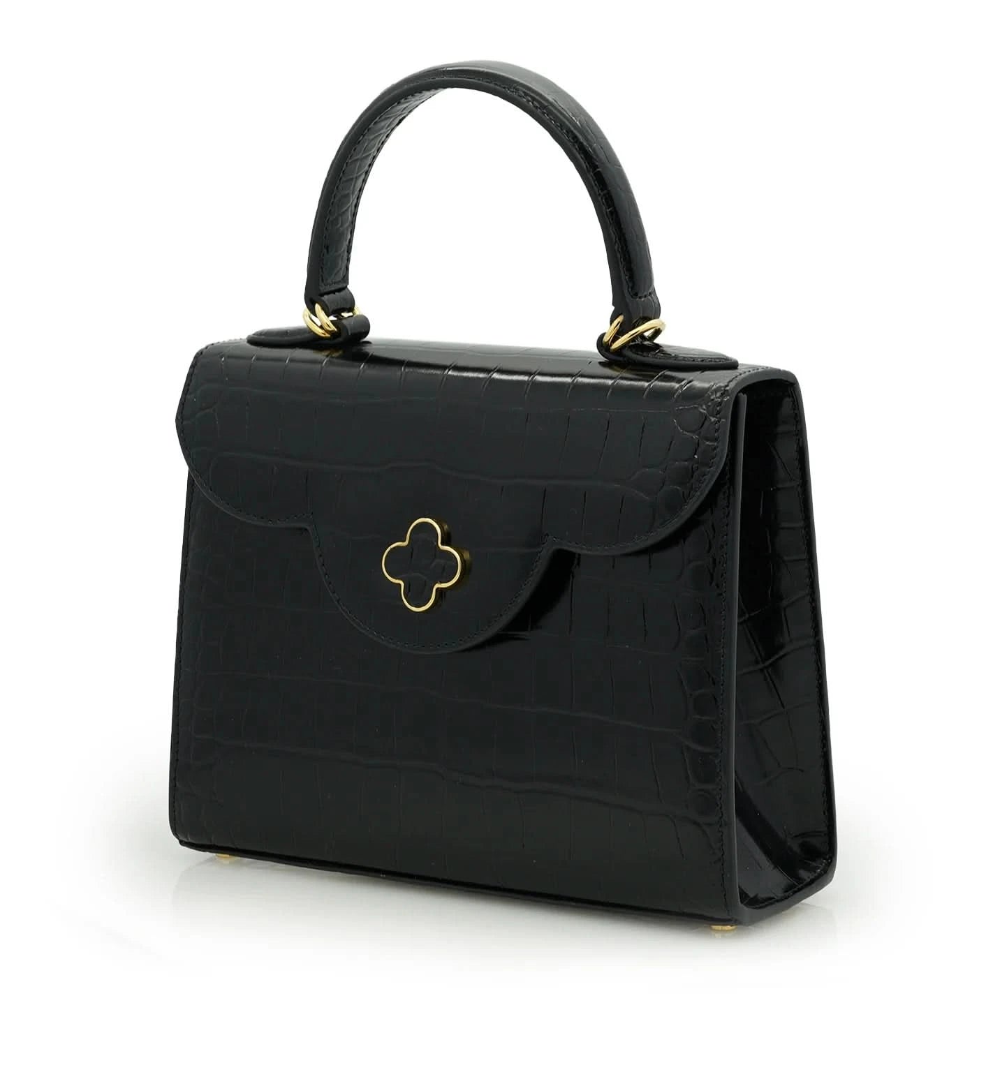 حقيبة السيدة الأولى من الجلد الأسود المنقوش بنقشة جلد التمساح