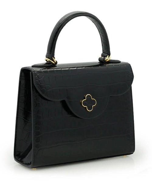 تحميل الصورة إلى عارض المعرض، حقيبة السيدة الأولى من الجلد الأسود المنقوش بنقشة جلد التمساح
