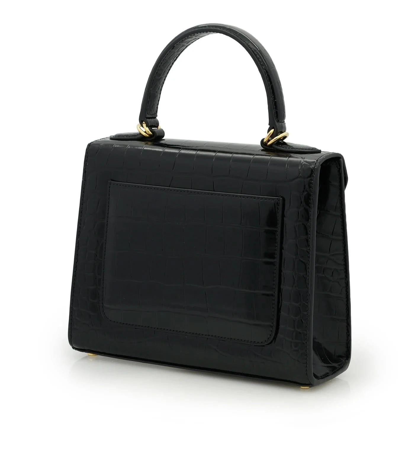 حقيبة السيدة الأولى من الجلد الأسود المنقوش بنقشة جلد التمساح