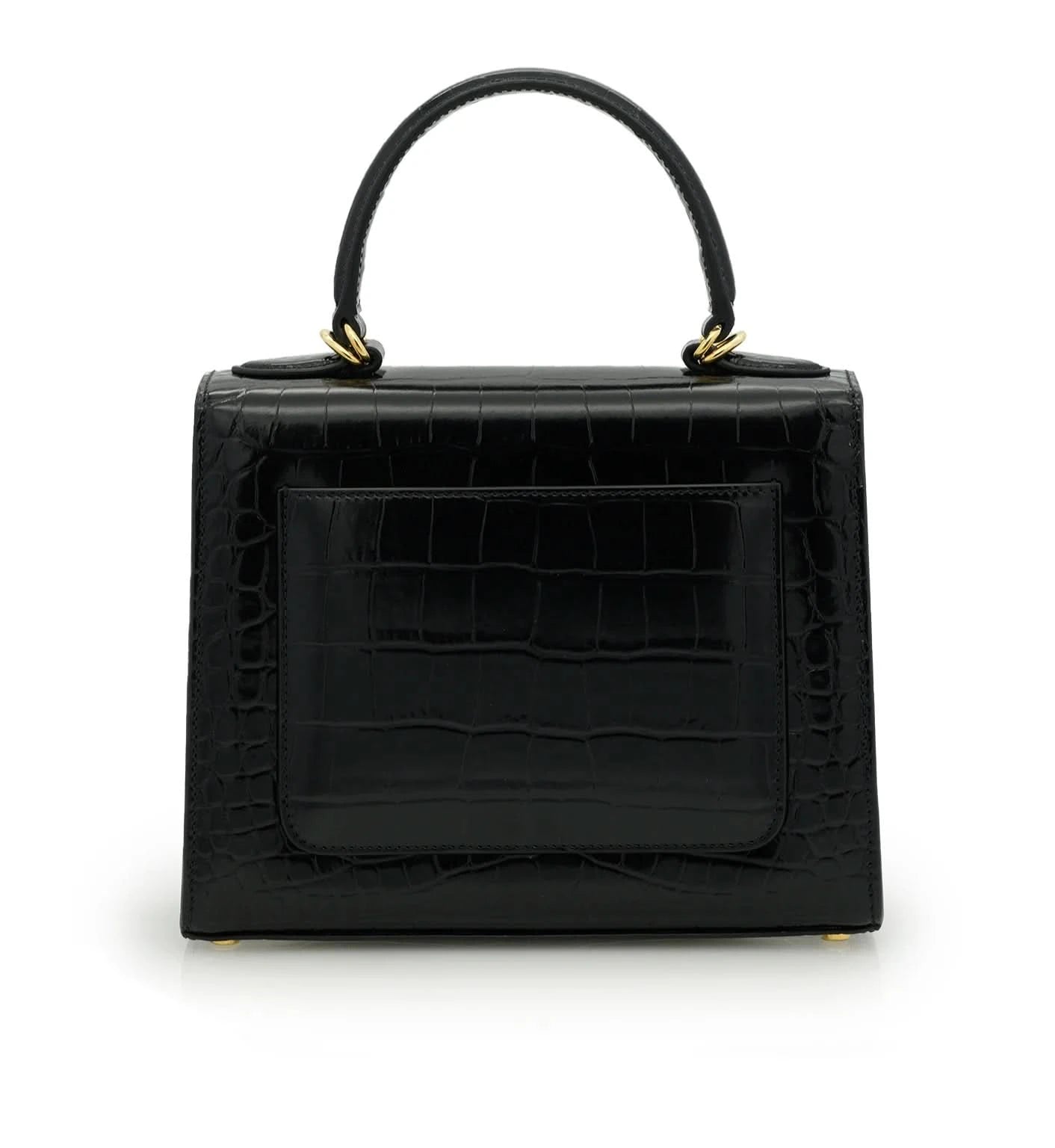 حقيبة السيدة الأولى من الجلد الأسود المنقوش بنقشة جلد التمساح