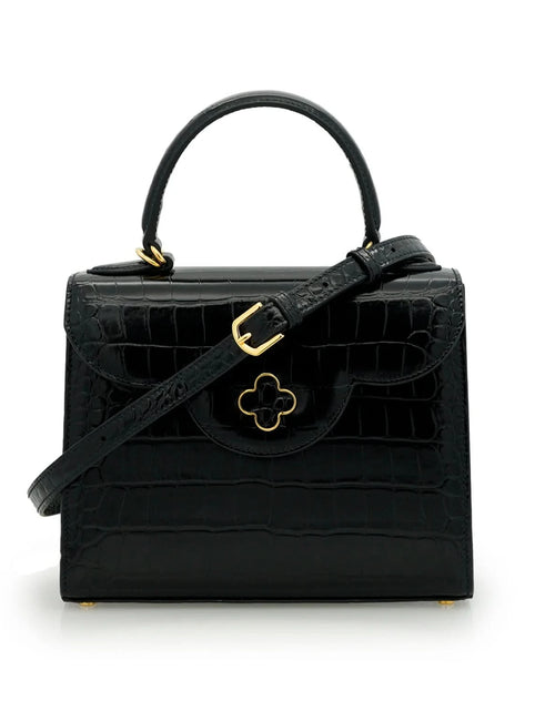 تحميل الصورة إلى عارض المعرض، حقيبة السيدة الأولى من الجلد الأسود المنقوش بنقشة جلد التمساح
