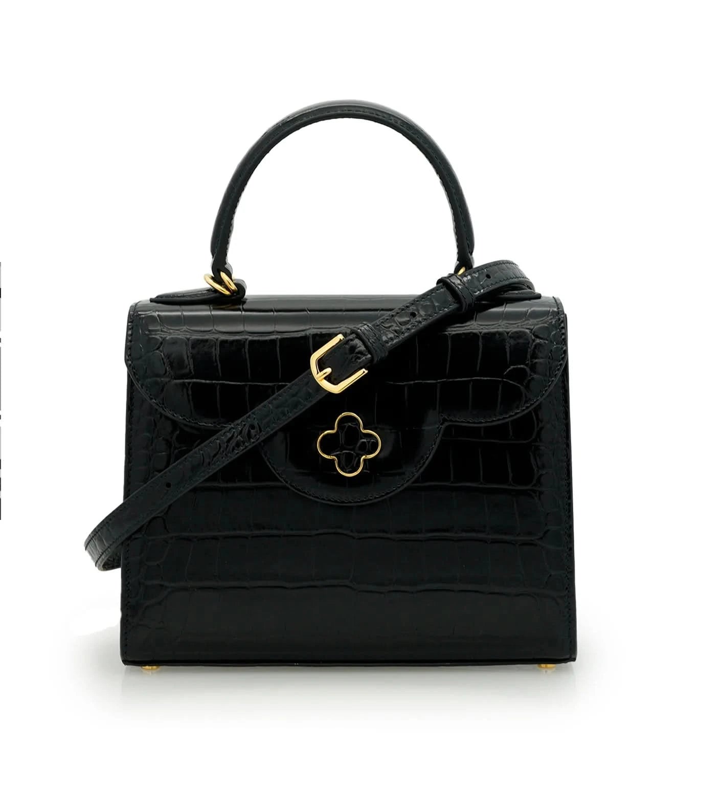 حقيبة السيدة الأولى من الجلد الأسود المنقوش بنقشة جلد التمساح
