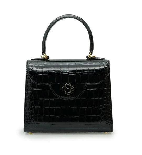 First Lady Diamond Gloss black croc embossed leather handbag