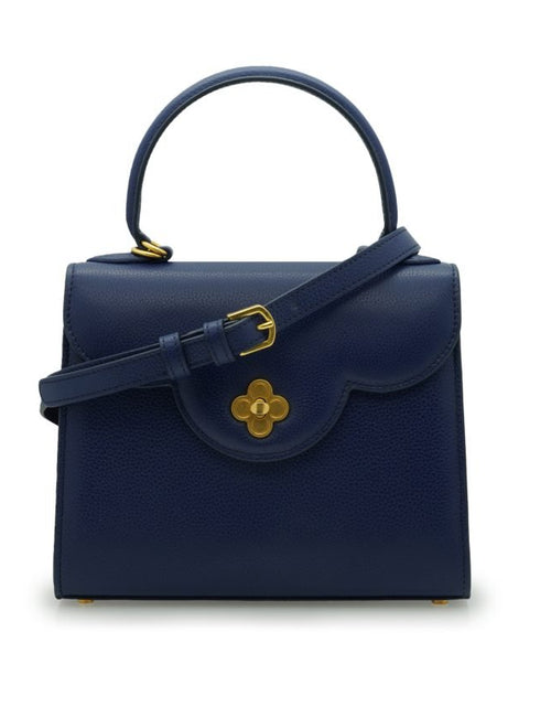 Load image into Gallery viewer, First Lady Flower-twist antique gold Navy blue textured leather handbag
