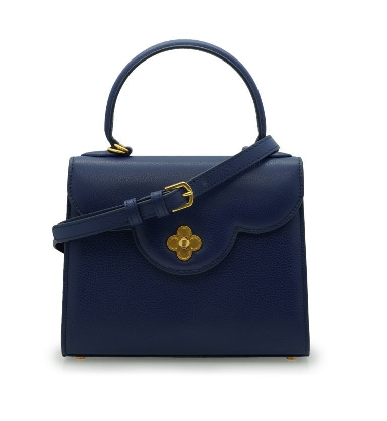 First Lady Flower-twist antique gold Navy blue textured leather handbag