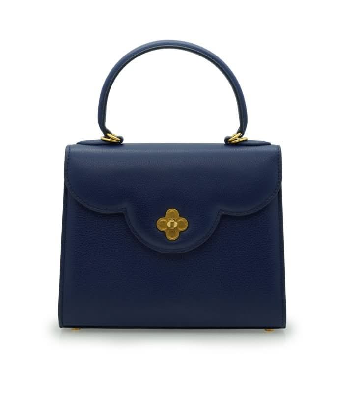 First Lady Flower-twist antique gold Navy blue textured leather handbag