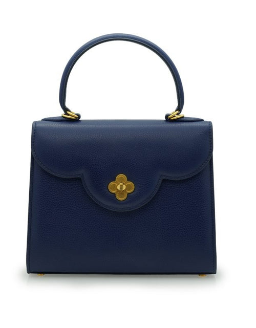Load image into Gallery viewer, First Lady Flower-twist antique gold Navy blue textured leather handbag
