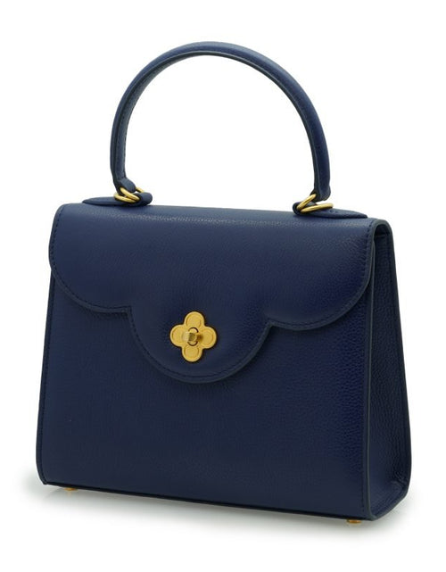 Load image into Gallery viewer, First Lady Flower-twist antique gold Navy blue textured leather handbag
