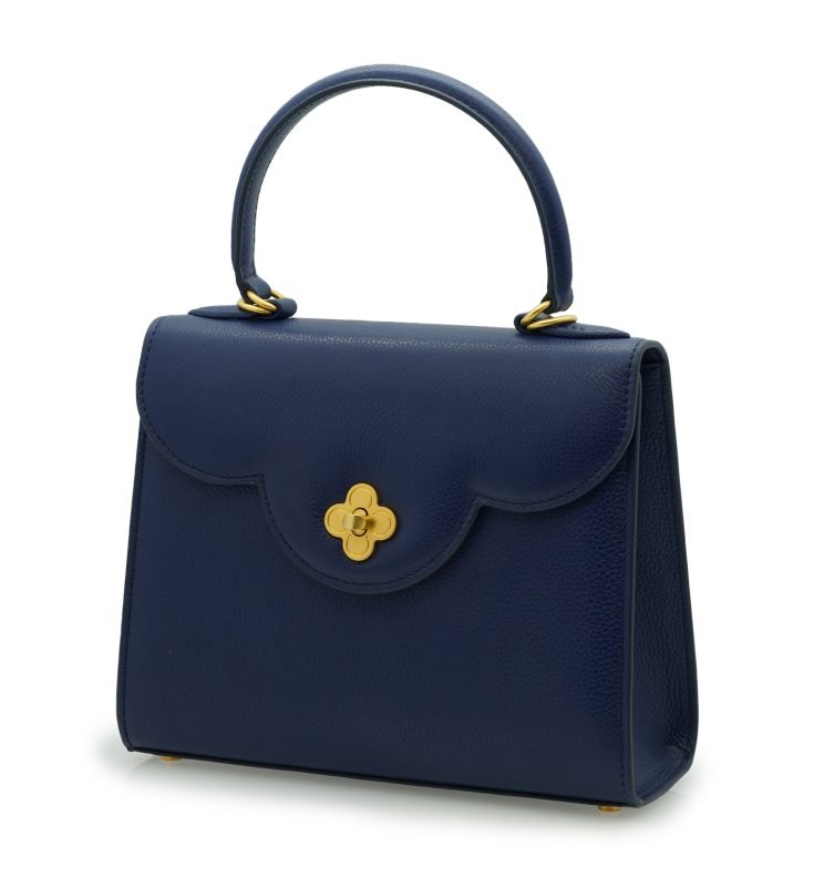 First Lady Flower-twist antique gold Navy blue textured leather handbag