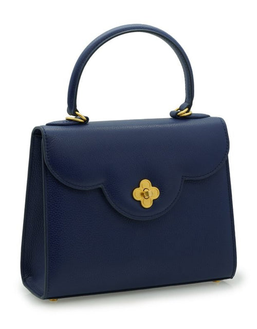 Load image into Gallery viewer, First Lady Flower-twist antique gold Navy blue textured leather handbag
