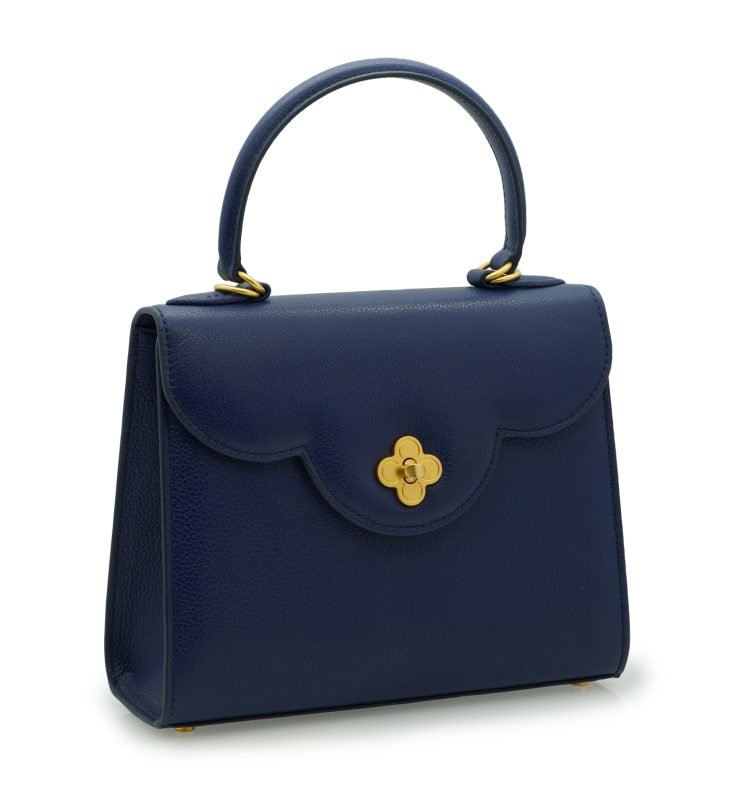 First Lady Flower-twist antique gold Navy blue textured leather handbag