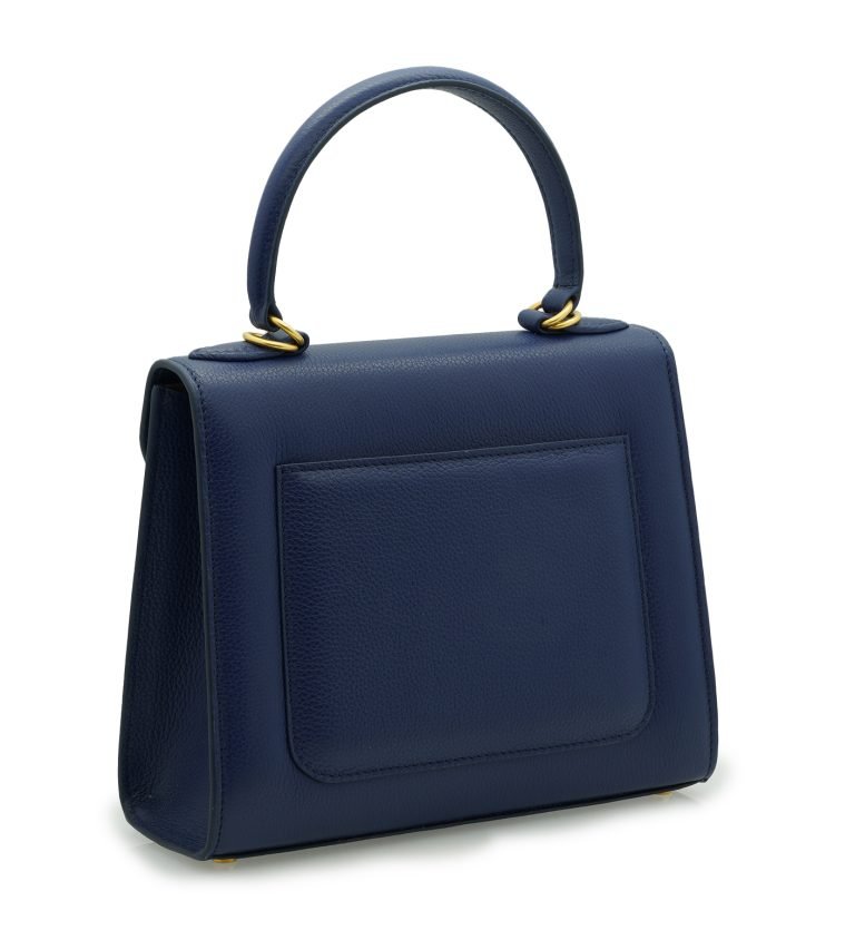 First Lady Flower-twist antique gold Navy blue textured leather handbag