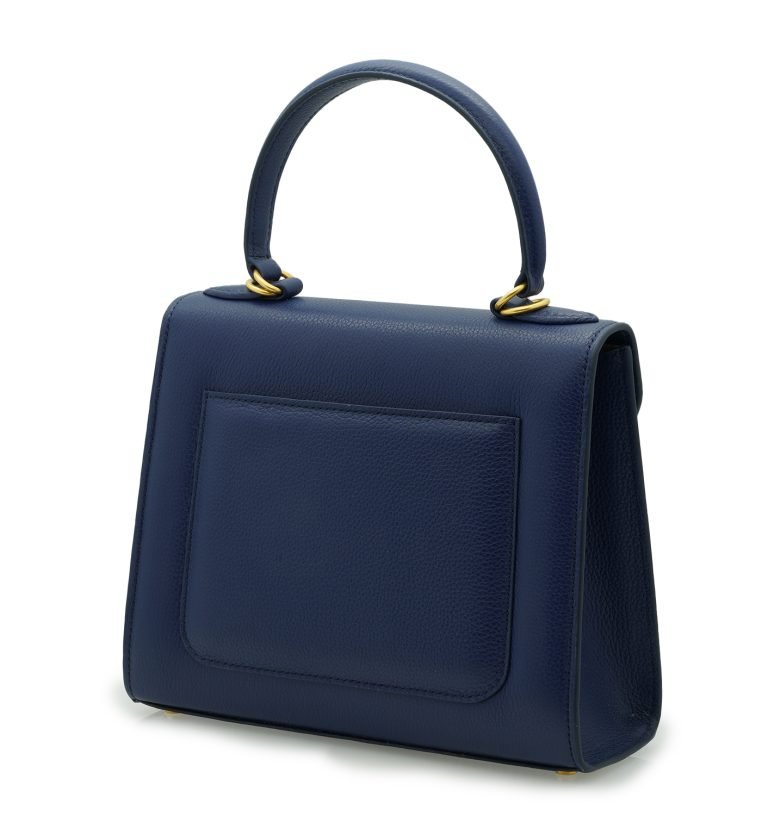 First Lady Flower-twist antique gold Navy blue textured leather handbag