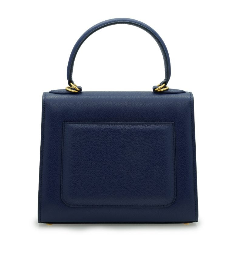 First Lady Flower-twist antique gold Navy blue textured leather handbag