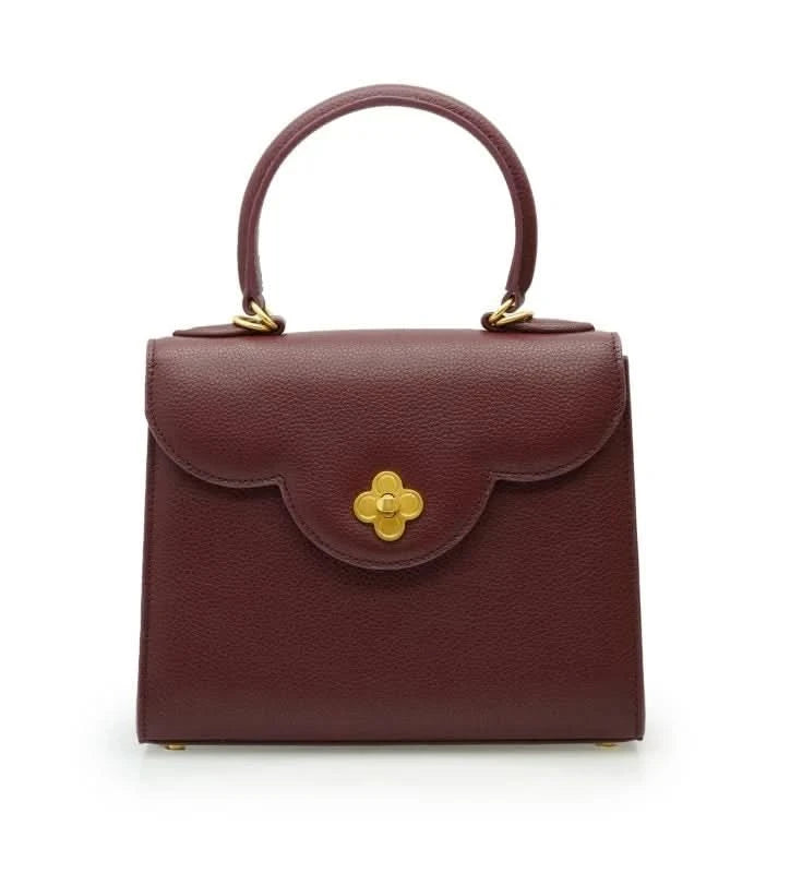 First Lady Flower-twist antique gold Burgundy leather handbag