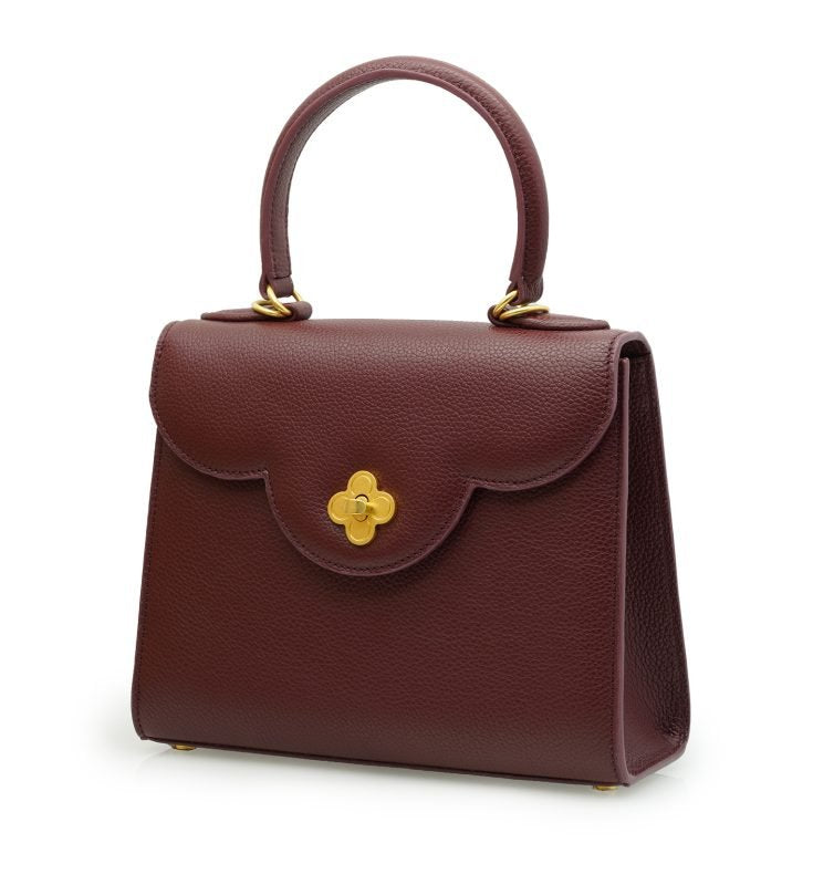 First Lady Flower-twist antique gold Burgundy leather handbag