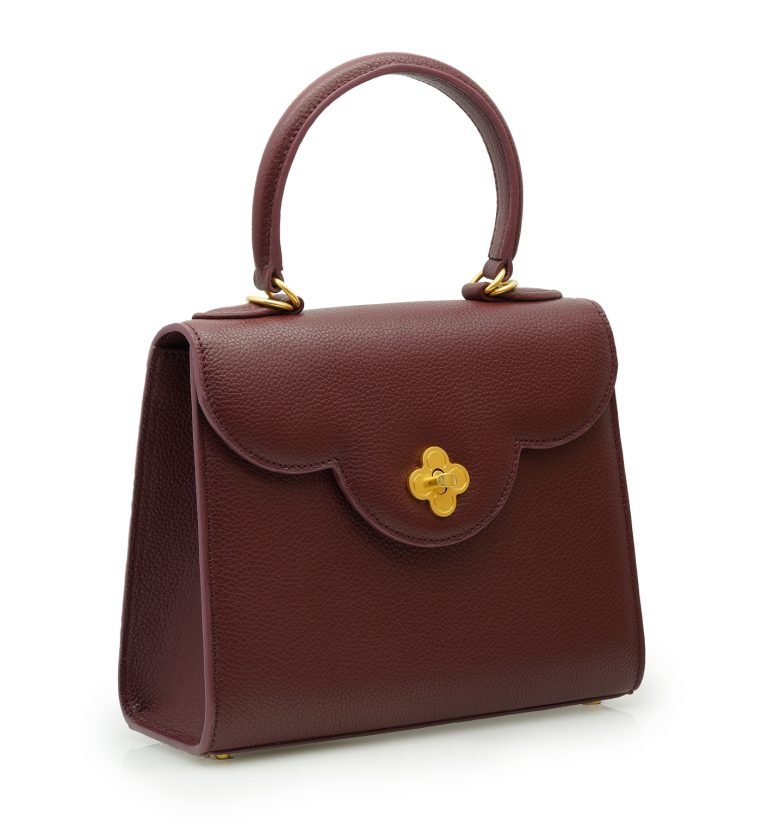 First Lady Flower-twist antique gold Burgundy leather handbag