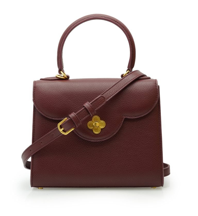 First Lady Flower-twist antique gold Burgundy leather handbag