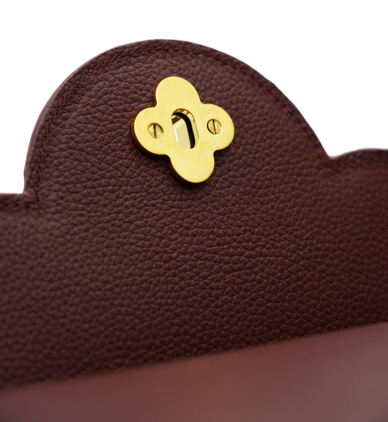 First Lady Flower-twist antique gold Burgundy leather handbag