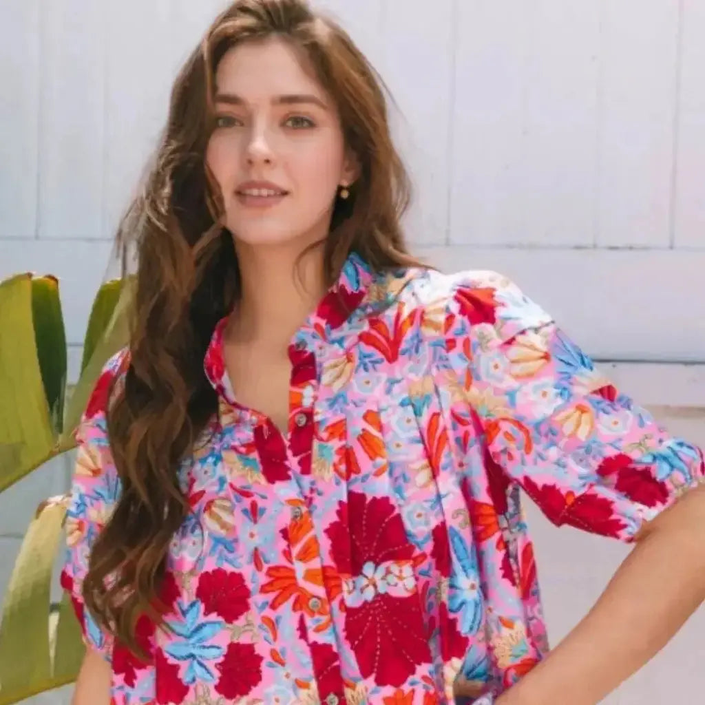 Evorin Women's Floral Puff Sleeve Button Blouse