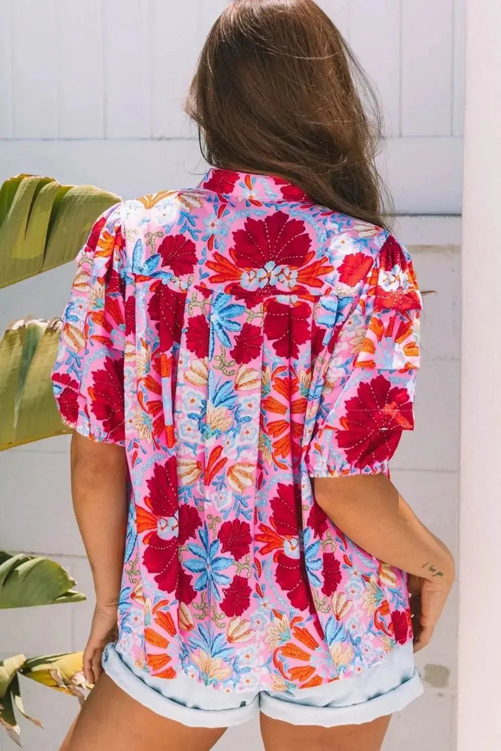Evorin Women's Floral Puff Sleeve Button Blouse