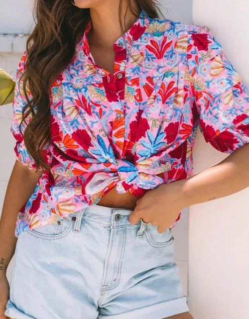 Load image into Gallery viewer, Evorin Women's Floral Puff Sleeve Button Blouse

