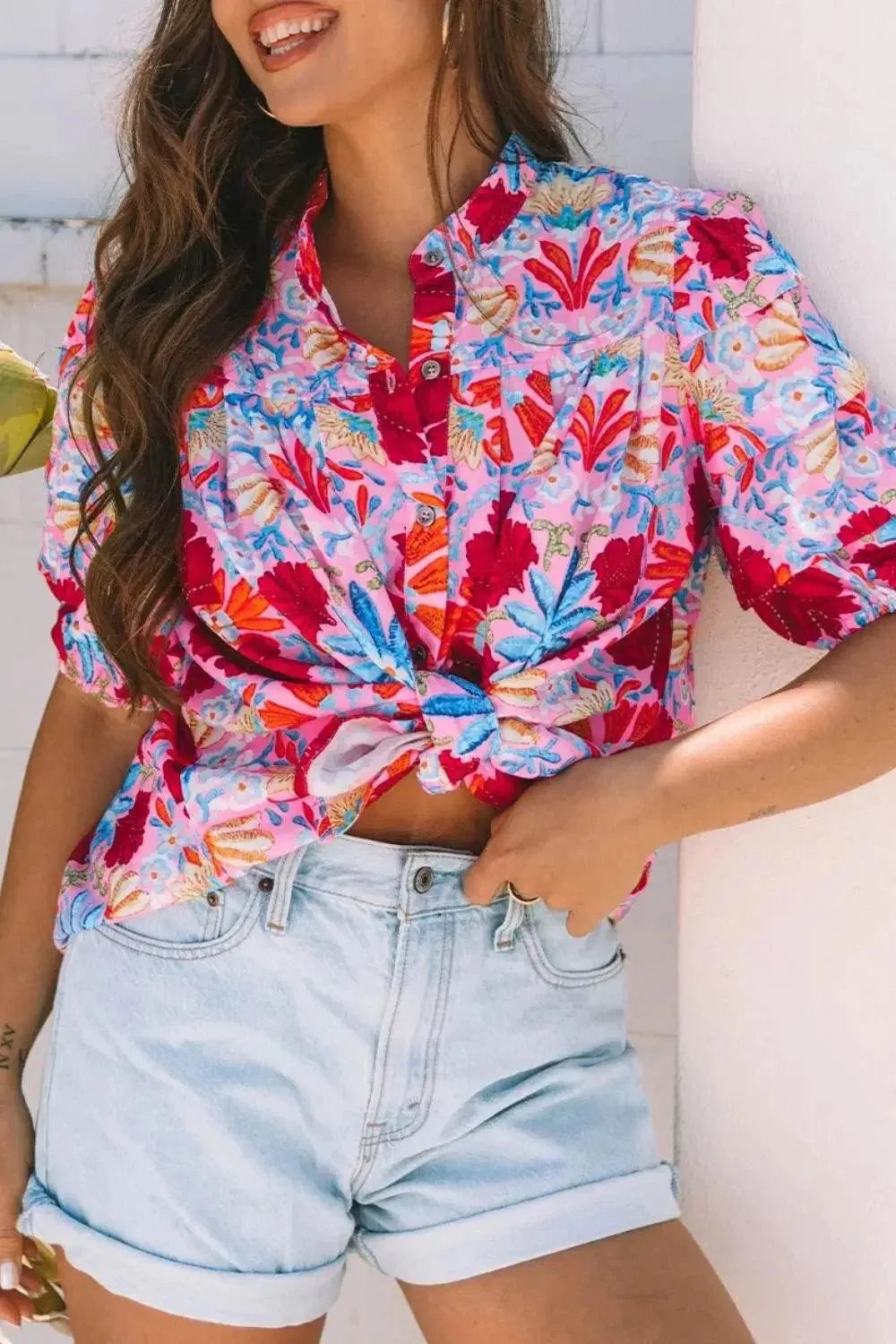Evorin Women's Floral Puff Sleeve Button Blouse