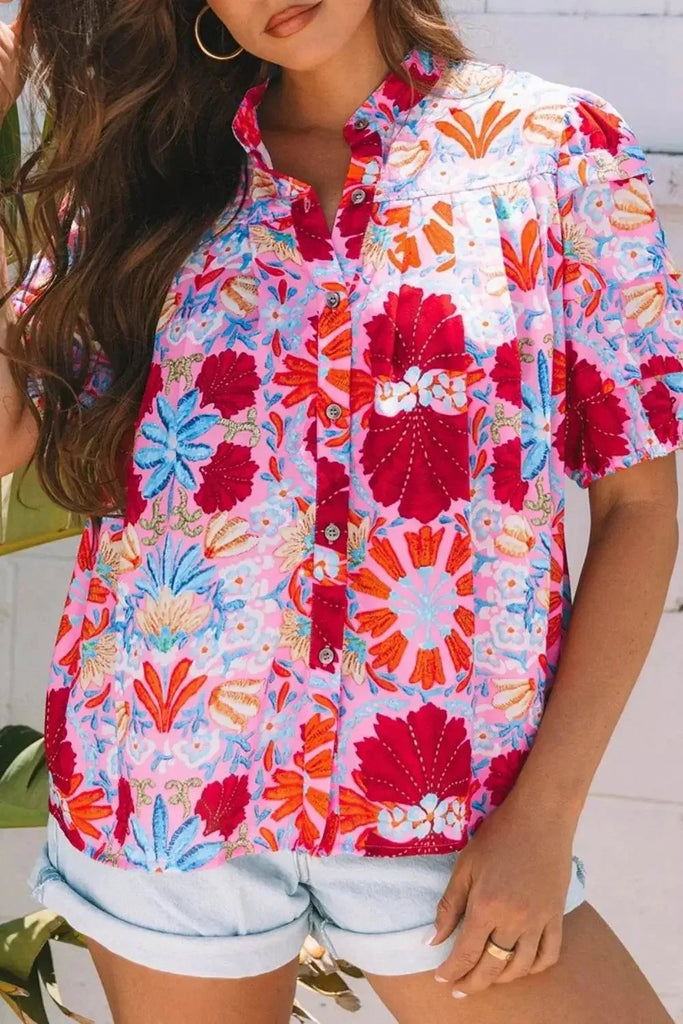 Ivorynn Women's Floral Puff Sleeve Button Blouse