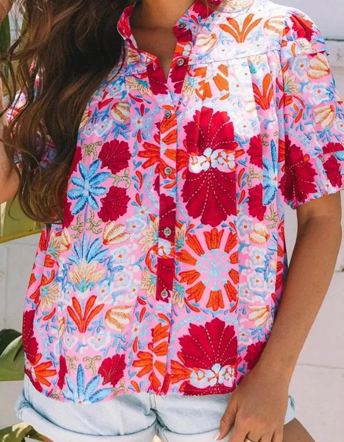 Load image into Gallery viewer, Evorin Women's Floral Puff Sleeve Button Blouse
