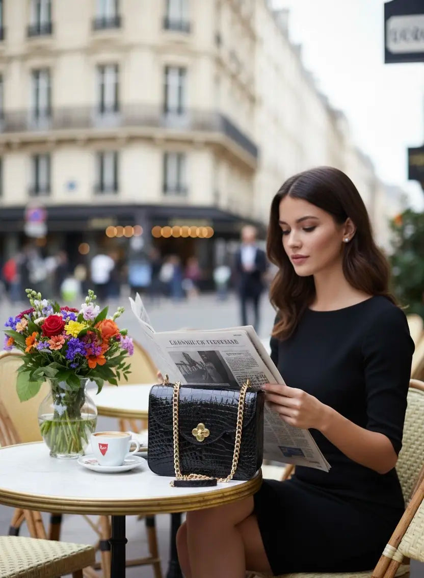 First Date Black alligator leather bag