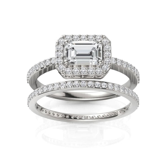 1.06CT Emerald Lab Diamond Halo Bridal Duo Wedding Ring